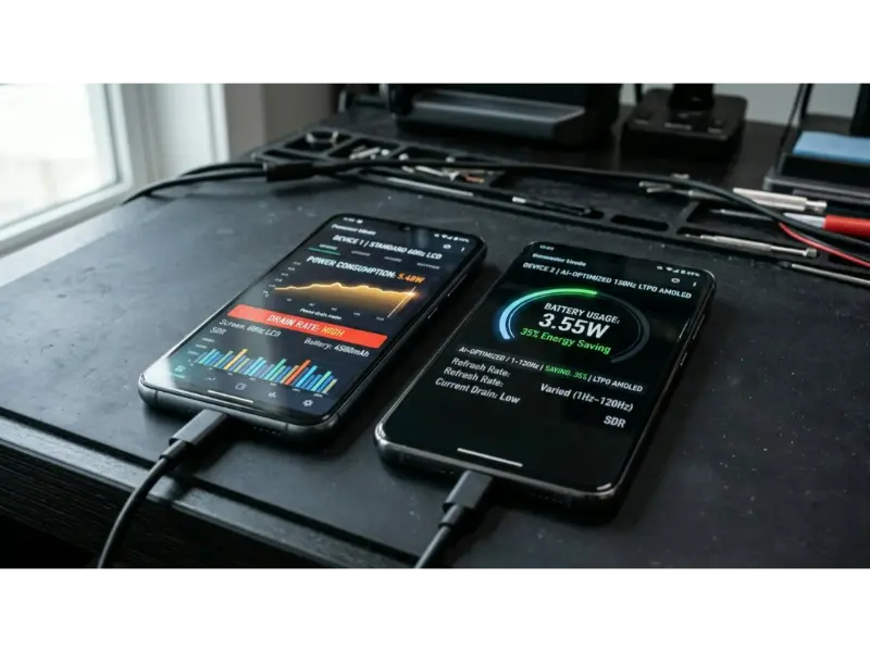 Infographic comparing power consumption between a standard LCD and an AI-optimized 120Hz display, showing energy saving percentages.