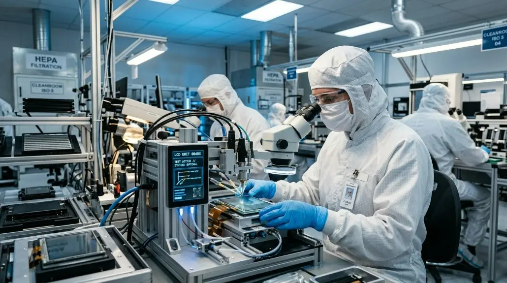 A professional manufacturing facility in the USA showing cleanroom workers assembling 5-inch LCD screens with high-tech testing equipment.