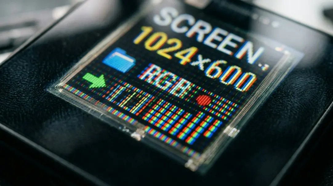 A close-up macro shot of a 5.0 inch LCD screen showing the vibrant 1024x600 resolution and the thin incell touch layer.